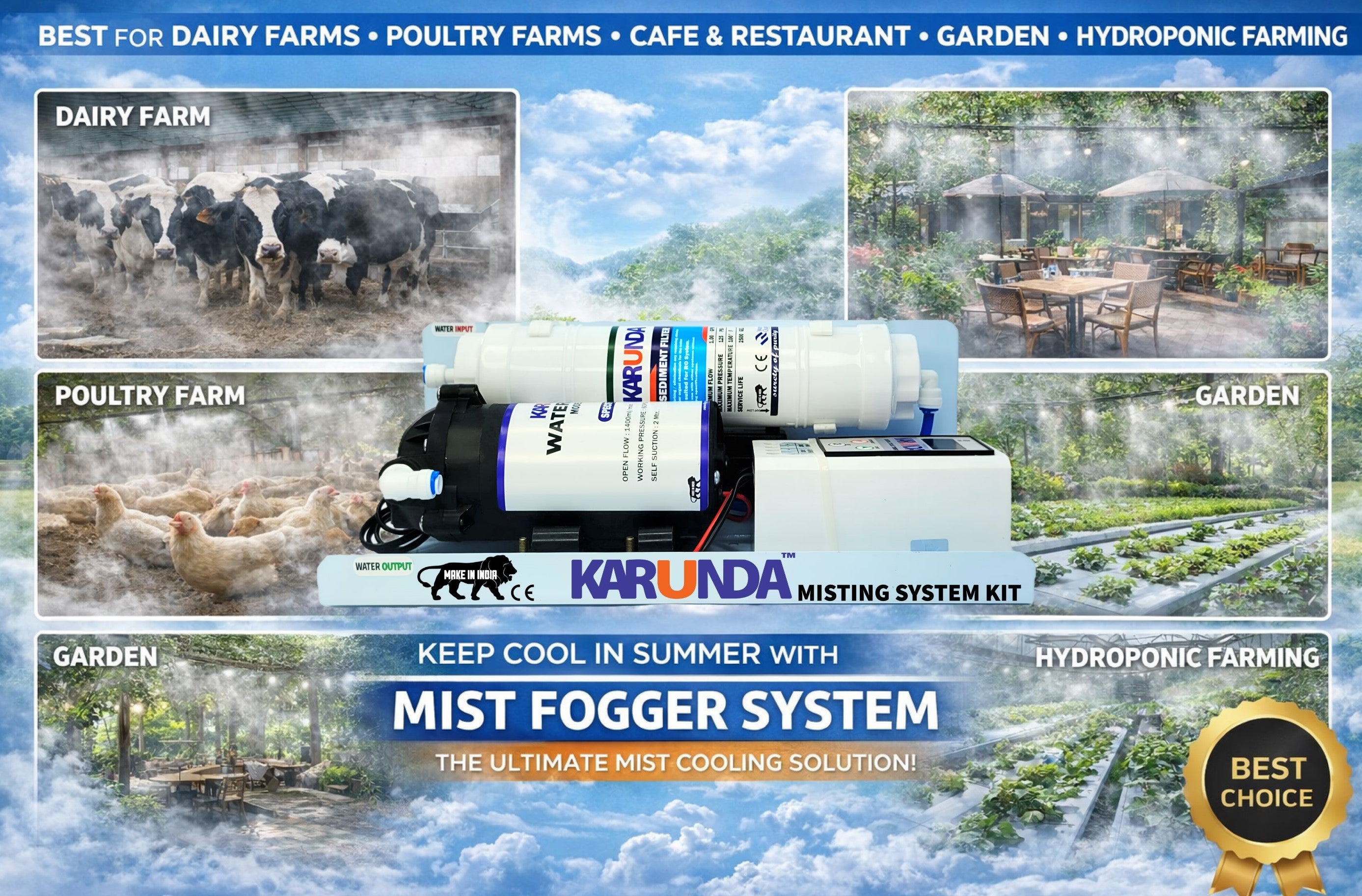 Pre Assembled Fogger System Kit With Digital Cycle Timer | With 100 GPD Pump, 10 Nozzles & 15m Pipe | Best For Dairy Farms, Restaurants Poultry Farm