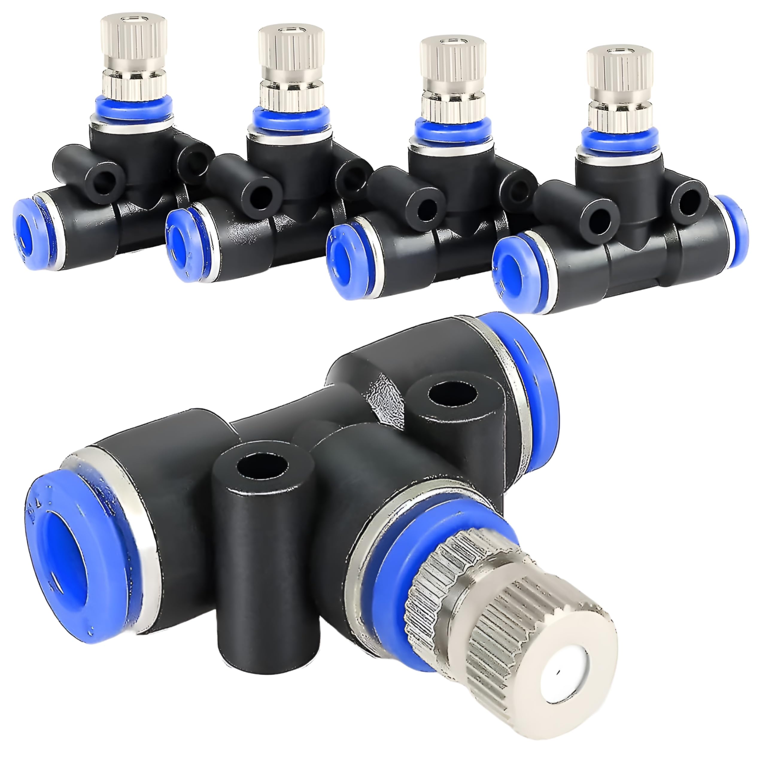 (5pcs) 0.3mm Mist Fogger Nozzles with Tee Connector for Misting Fogging Spray Sprinkler Cooling Sprayer Automatic Irrigation Cooling Kit - Pack of 5pcs set (5 Nozzles)