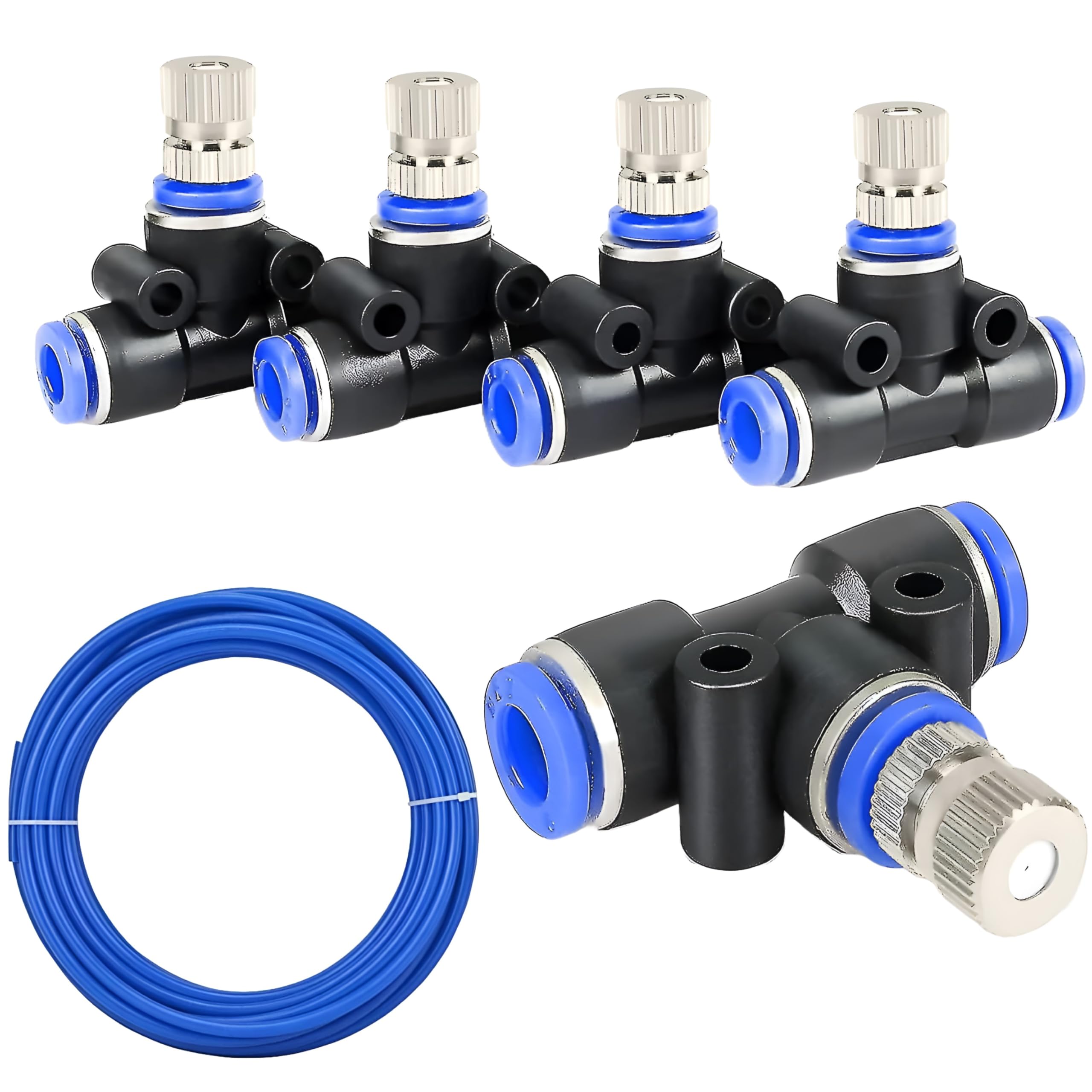 (5pcs) 0.3mm Mist Fogger Nozzles with Tee Connector for Misting Fogging Spray Sprinkler Cooling Sprayer Automatic Irrigation Cooling Kit - Pack of 5pcs set (5 Nozzles)