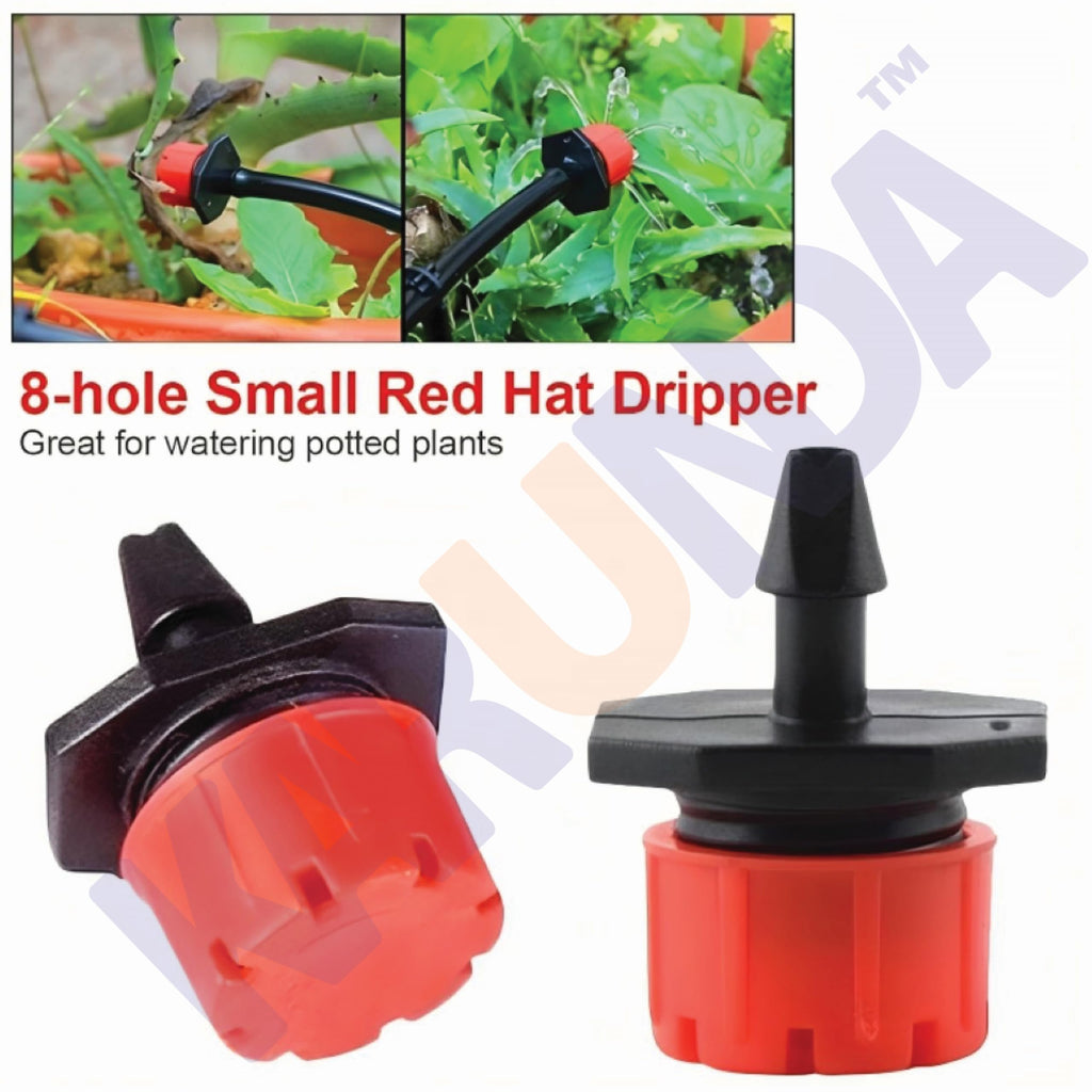Adjustable 8 Hole Red Hat Dripper for Drip Irrigation | 360° Micro Sprinkler Water Dripper | Water-Saving Garden Watering Emitters for Pots, Nursery, Garden, Greenhouse & Agriculture